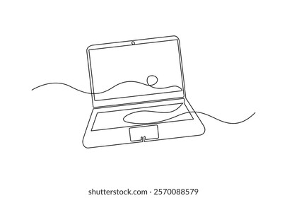 Continuous line drawing of a computer monitor. Linear background of laptop, One continuous line drawing of computer laptop, and a cup of coffee. Vector illustration.