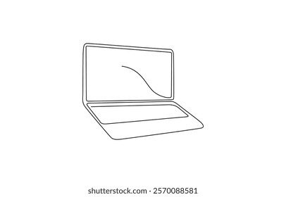 Continuous line drawing of a computer monitor. Linear background of laptop, One continuous line drawing of computer laptop, and a cup of coffee. Vector illustration.