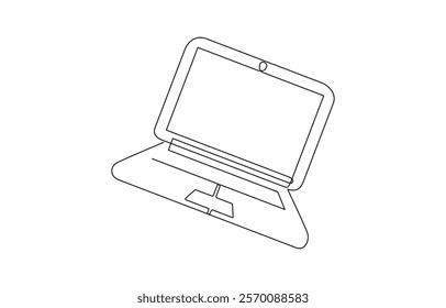 Continuous line drawing of a computer monitor. Linear background of laptop, One continuous line drawing of computer laptop, and a cup of coffee. Vector illustration.