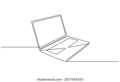 Continuous line drawing of a computer monitor. Linear background of laptop sign. Continuous line drawing, drawing of laptop in one line style isolated.