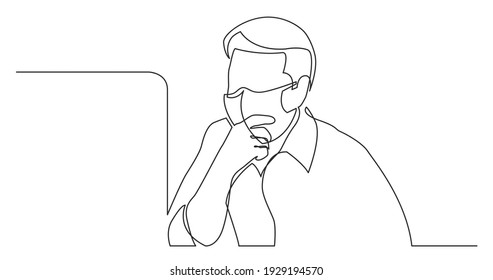 continuous line drawing of computer worker focused on work wearing face mask