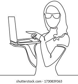 continuous line drawing of concentrated young beautiful business woman working on laptop in bright modern office. Woman use of laptop computer for online shopping