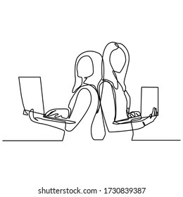 continuous line drawing of concentrated young beautiful business woman working on laptop in bright modern office. Woman use of laptop computer for online shopping