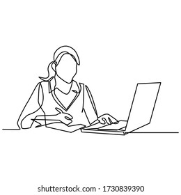 continuous line drawing of concentrated young beautiful business woman working on laptop in bright modern office. Woman use of laptop computer for online shopping