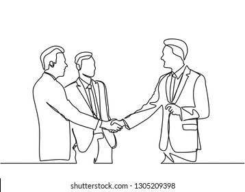 concepto de dibujo de línea continua de personas de negocios que se reúnen con apretón de manos. vectorial