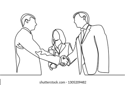 continuous line drawing concept of business people meeting with handshake. vector
