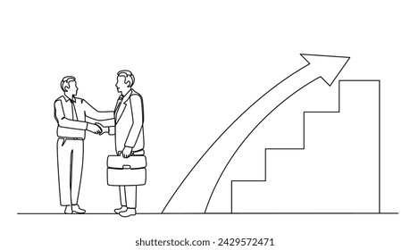 Kontinuierliches Linienzeichnungs-Konzept des Geschäfts Zwei Personen Treffen mit Handshake mit Diagramm Pfeil Wachstum Team Business. Vektor-Illustration