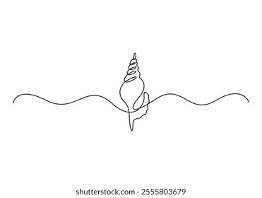 Continuous line drawing of conch snail shell. Seashell symbol and banner of beauty spa and wellness salon in simple linear style. Vector illustration