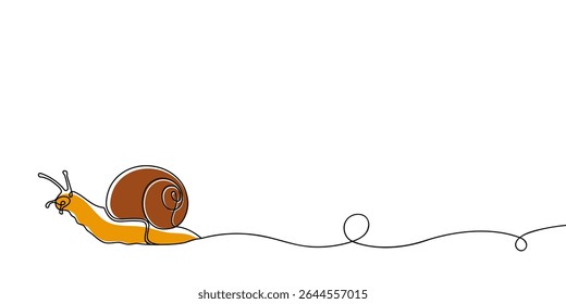 Desenho em linha contínua da concha caracol. Esboço linear preto minimalista isolado no fundo branco. Ilustração de vetor desenhada à mão.