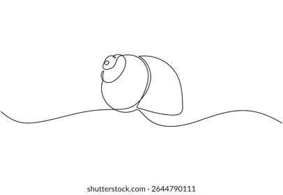 Continuous line drawing of conch snail shell. Single line illustration of ocean conch shell, Snail continuous one line drawing isolated on white background.