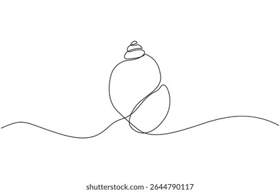 Continuous line drawing of conch snail shell. Single line illustration of ocean conch shell, Snail continuous one line drawing isolated on white background.