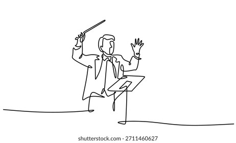 Kontinuierliche Linie Zeichnung Dirigent Maestro Orchester Vektorgrafik. Klassisches Musikperformancekonzept, symphonisches Konzertmelodiesymbol.