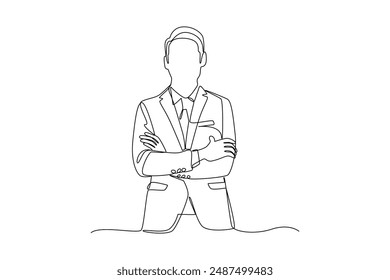 Continuous line drawing of a confident businessman standing with arms crossed