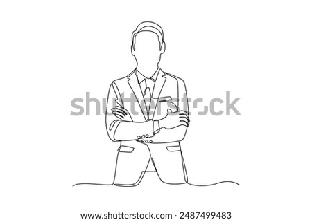 Continuous line drawing of a confident businessman standing with arms crossed