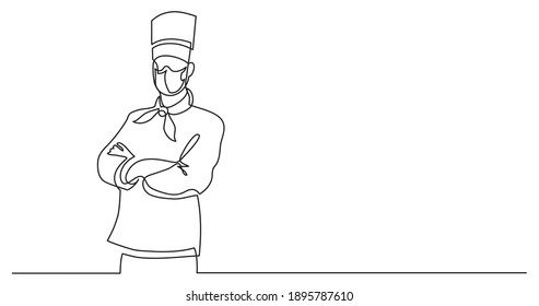 Continuous Line Drawing Of Confident Chef Standing Wearing Face Mask