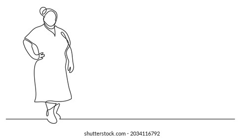 continuous line drawing confident oversize woman in dress standing celebrating body positivity