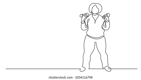 continuous line drawing of confident oversize woman doing dumbbell exercising celebrating body positivity