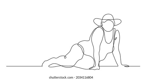 continuous line drawing of confident oversize woman lying on beach celebrating body positivity