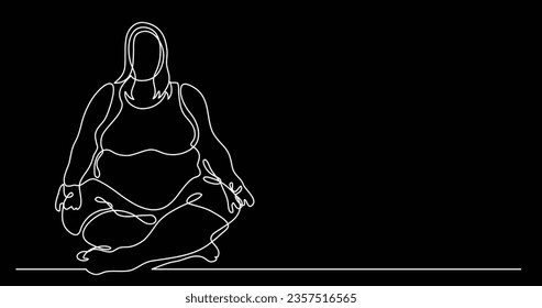 continuous line drawing of confident oversize woman sitting in lotus pose doing yoga celebrating body positivity