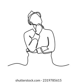 continuous line drawing of confident thoughtful young holding hand on his chin and thinking about business