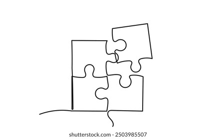 Continuous line drawing connected puzzle pieces. Single line art Solution Jigsaw puzzle element. Problem and Solution concept
