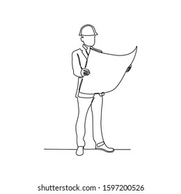 continuous line drawing of constractor holding design paper vector illustration
