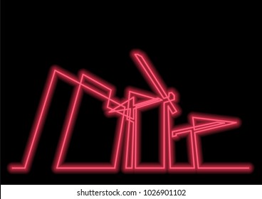 continuous line drawing of construction buildings with cranes with neon vector effect