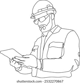Desenho de linha contínuo de um trabalhador de construção, arte de linha, vetor