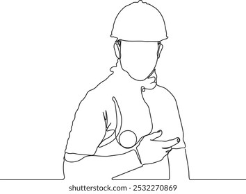 Desenho de linha contínua de um trabalhador da construção usando um capacete, arte de linha, vetor