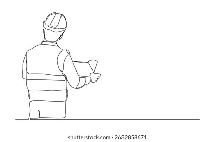 Continuous line drawing of construction worker holding blue print paper and note. One single line of architect holding design paper of building. Vector illustration sketch editable stroke