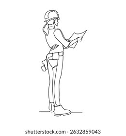 Continuous line drawing of construction worker holding blue print paper and note. One single line of architect holding design paper of building. Vector illustration sketch editable stroke