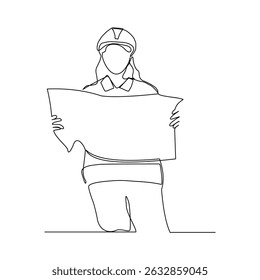 Continuous line drawing of construction worker holding blue print paper and note. One single line of architect holding design paper of building. Vector illustration sketch editable stroke