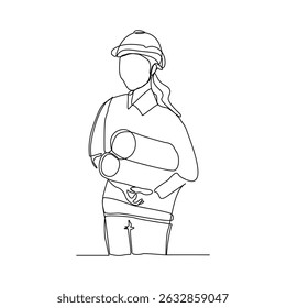 Desenho de linha contínua de trabalhador da construção segurando papel e nota de impressão azul. Uma única linha de arquiteto segurando o papel do projeto do edifício. Traçado editável de esboço de ilustração vetorial
