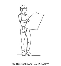 Continuous line drawing of construction worker holding blue print paper and note. One single line of architect holding design paper of building. Vector illustration sketch editable stroke