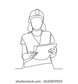 Continuous line drawing of construction worker holding blue print paper and note. One single line of architect holding design paper of building. Vector illustration sketch editable stroke