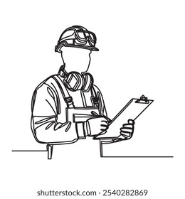 Continuous Line Drawing of Construction Workers in Safety Gear for Occupational Safety Concept silhouette on white background
