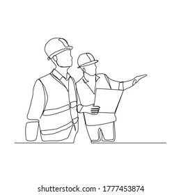 Continuous line drawing of contractor manager discussion and giving instruction to foreman builder holding blueprint and safety helmet. Vector illustration