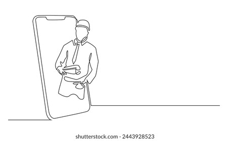 dibujo de línea continua de contratista y teléfono móvil. línea única de servicios de construcción de la casa. vector de línea única de servicios arquitectónicos. fondo blanco aislado