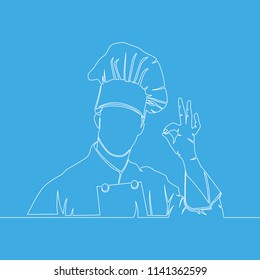 continuous line drawing of cook showing ok sign vector illustration isolated on blue background.