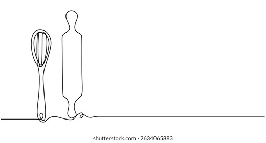 Continuous Line Drawing of Cooking Icon. Hand Drawn Symbol Vector Illustration, Whisk and rolling pin kitchen utensils vector one line continuous drawing illustration. Hand drawn linear cooking icon.