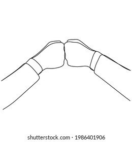 Continuous line drawing of cooperation fist bump. Team work, partnership, friendship, passion, spirit hands gesture sketch concept. Vector illustration 