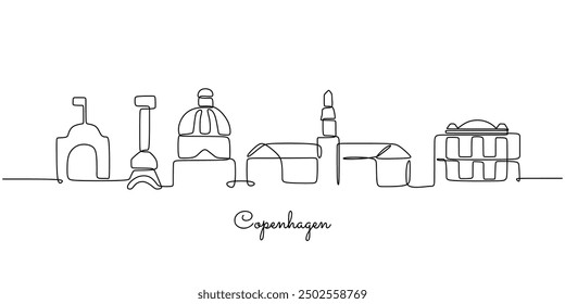 Continuous line drawing of Copenhagen skyline, Denmark. A major European city with iconic architecture depicted in a simple linear style.