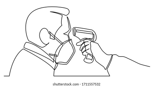 dibujo de línea continua de la primera respuesta del coronavirus que mide la temperatura del hombre en la máscara