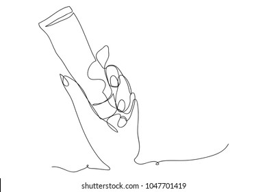 continuous line drawing of cosmetics on hand vector illustration.