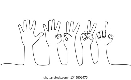 continuous line drawing. counting hands on the finger of one to five isolated on white background