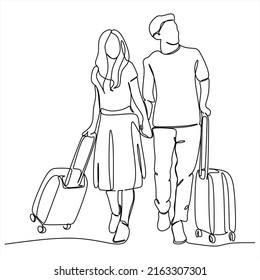 Continuous line drawing of a couple with a bag