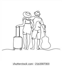 Dibujo continuo de una pareja con una bolsa