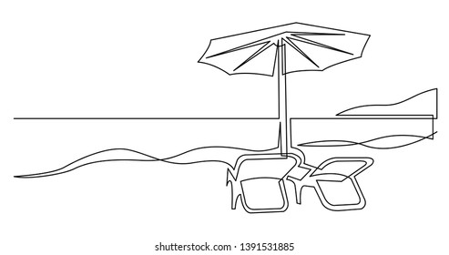 Continuous Line Drawing Of Couple Of Beach Chairs Under Umbrella On Sea Beach