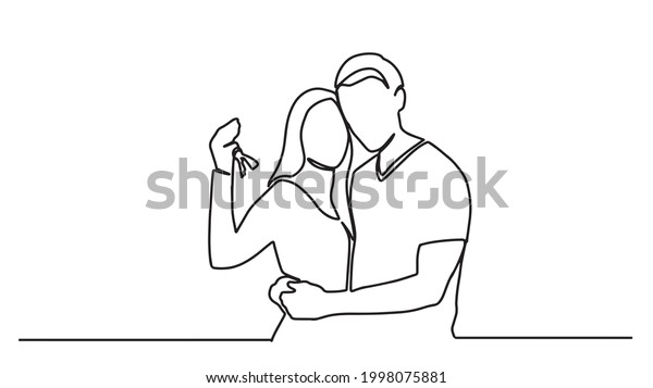 Continuous line drawing of couple being happy\
holding key after buying home or car. One line drawing vector\
illustration isolated on white\
background.