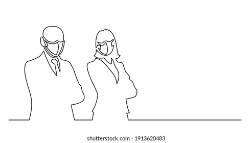 continuous line drawing of couple of business persons wearing face masks